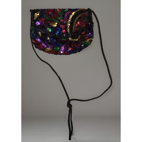 Vintage Multicolor Sequin Clutch Purse 8” Evening Bag Black Cord Strap Preowned - Picture 3 of 8